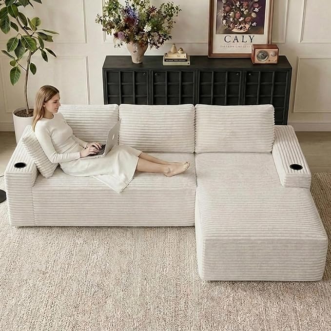 104" Cloud Sectional Couch L-Shaped with Side Pockets Cup Holders, Corduroy Boneless Couch for Living Room,Upholstered Deep-Seat Modular Sectional Sofa,No Assembly Required (White,Right Facing Chaise)