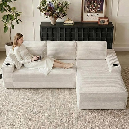 104" Cloud Sectional Couch L-Shaped with Side Pockets Cup Holders, Corduroy Boneless Couch for Living Room,Upholstered Deep-Seat Modular Sectional Sofa,No Assembly Required (White,Right Facing Chaise)