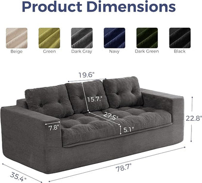 MAXYOYO 79" Loveseat Sofa Couch for Small Spaces, Boneless Upholstered Cloud Couch for Apartment Bedroom, 3-Seater Love Seat Floor Modern Sofa with Pillows, No Assembly Required, Dark Grey