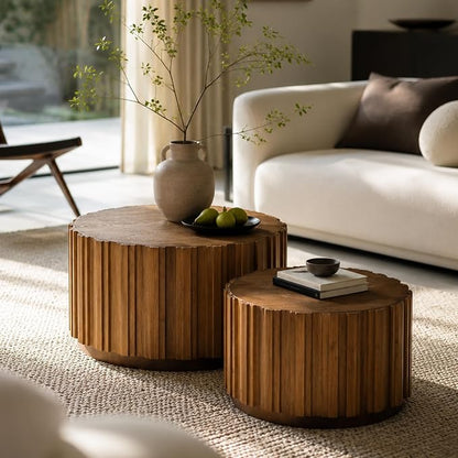 Nesting Round Coffee Table Set of 2, 27.56" Fluted Circle Accent End Table, Morden Drum Side Table, Wooden Center Table for Living Room, Fully Assembled - Walnut Brown