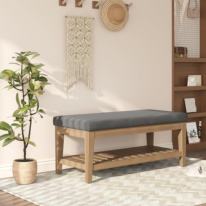 Apicizon 45" Shoe Rack Bench with Upholstered Cushion, Solid Rubberwood Entryway Shoe Bench, Modern Chenille Ottoman Bench with Storage for Hallway Bedroom Living Room Front Door Entrance, Dark Gray
