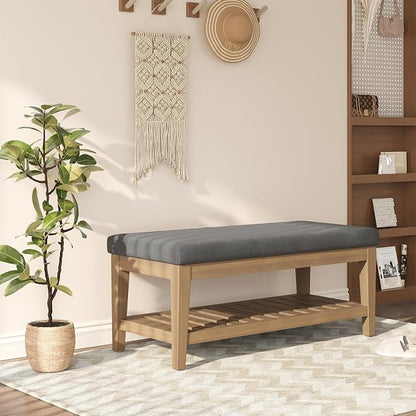 Apicizon 45" Shoe Rack Bench with Upholstered Cushion, Solid Rubberwood Entryway Shoe Bench, Modern Chenille Ottoman Bench with Storage for Hallway Bedroom Living Room Front Door Entrance, Dark Gray