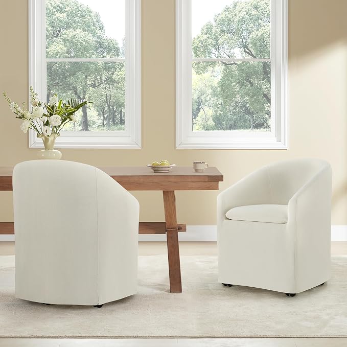 KISLOT Upholstered Dining Chairs with Casters, Washable Cover Modern Dining Room Chairs with Barrel Backrest & Dual Armrest for Kitchen, Living Room, Bedroom, Linen Fabric, 2PCS
