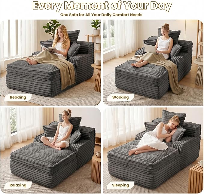 57 Inch Chaise Lounge Chair Indoor, Corduroy Upholstered Boneless Sofa Bed, Deep Seat Sleeper Couch Reading Chairs, Small Comfy Cloud Sofas Couches for Living Room, Bedroom, Grey