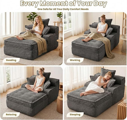 57 Inch Chaise Lounge Chair Indoor, Corduroy Upholstered Boneless Sofa Bed, Deep Seat Sleeper Couch Reading Chairs, Small Comfy Cloud Sofas Couches for Living Room, Bedroom, Grey