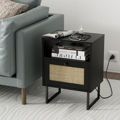 Masupu Extra Large Rattan Nightstand,Boho Night Stand Modern Farmhouse Wood Bedside Table with Storage Drawer and Open Shelf,Side End Table for Bedroom,Living Room,Black