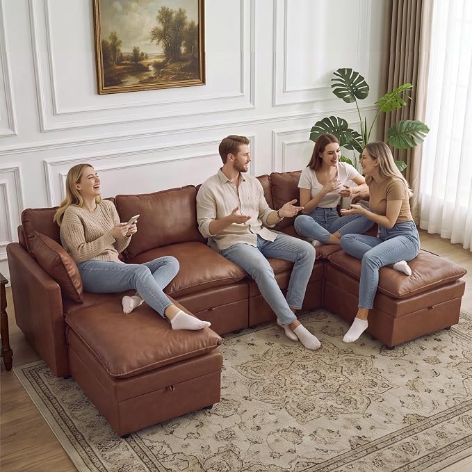 105" Brown Faux Leather Storage 4 Seater Sofa with 2 Ottomans, Comfy Couch | Convertible Modular Sectional Sofa, U Shaped Oversized Couch, Upholstered Large Cloud Couch For Living Room, Apartment.