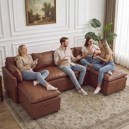105" Brown Faux Leather Storage 4 Seater Sofa with 2 Ottomans, Comfy Couch | Convertible Modular Sectional Sofa, U Shaped Oversized Couch, Upholstered Large Cloud Couch For Living Room, Apartment.