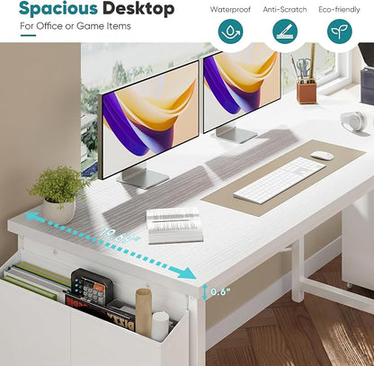 OLIXIS Computer Desk, 55 Inch Home Office Desks for Small Spaces, Writing Craft Study Gaming Table for Bedroom, Modern Computer Workstation with Storage Bag, All White