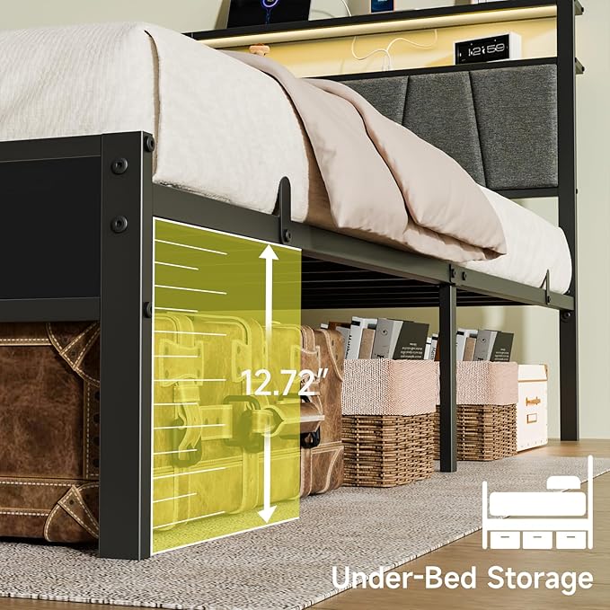 Z-hom 14 Inch Storage Headboard with Charging Station Twin Bed Frame,LED Bed w/Upholstered Headboard and Footboard, Metal Platform Bed w/ 2-Tier Shelves,Easy Assembly,No Box Spring Needed,Noise Free