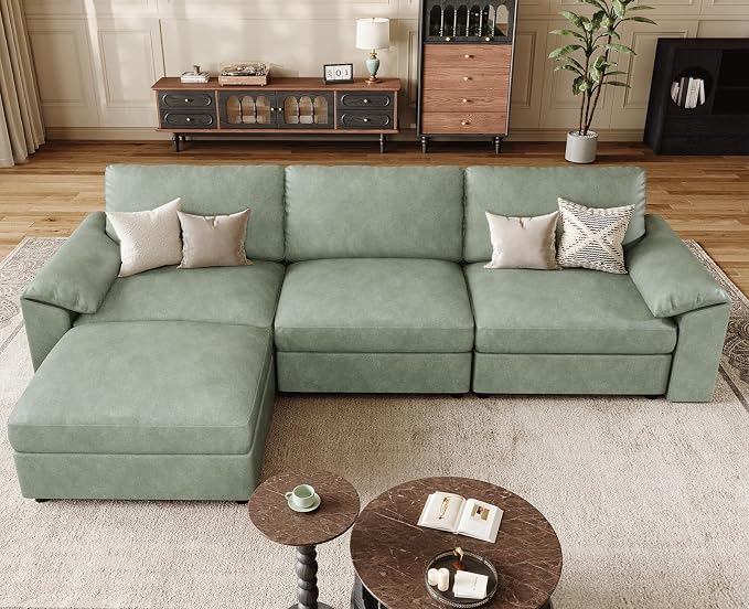 EASE MOOSE Leather Sectional Couch, Oversized Modular Sectional Sofas, Vintage Wide Deep Seat Modular Couch, Scratch Resistant Faux Leather Material, L Shaped Sofa for Big Spaces,Green