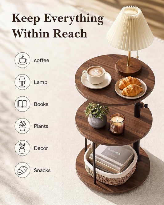 Faesun Swivel Round Table for Couch Arm, Height Adjustable C Shaped End Table for Recliner or Bed, Tv Trays with Storage Shelf for Small Spaces- Small Nightstand for Living Room, Bedroom, Walnut