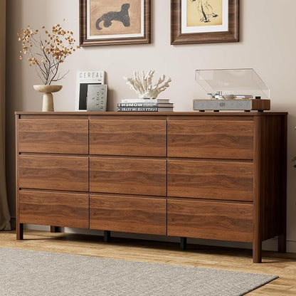 Furniway 63" Mid-Century Modern Dresser for Bedroom, 9 Drawer Wide Chest of Drawers with Wood Legs, Large Storage Bedroom Dresser, Walnut
