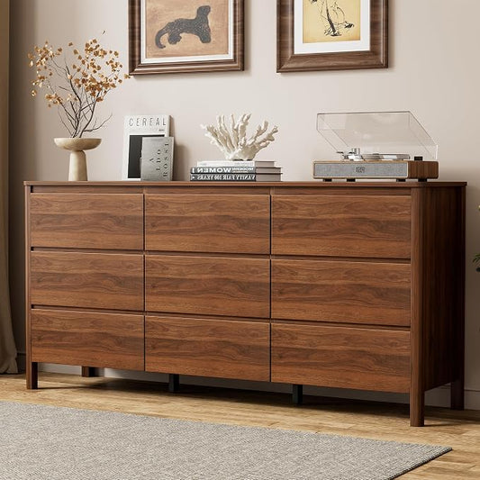 Furniway 63" Mid-Century Modern Dresser for Bedroom, 9 Drawer Wide Chest of Drawers with Wood Legs, Large Storage Bedroom Dresser, Walnut