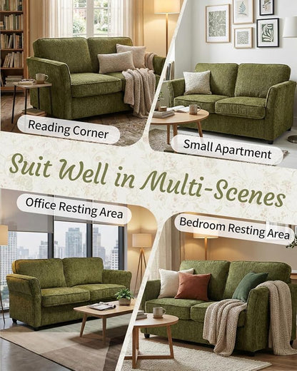 Karl home 67" Loveseat Sofa, Chenille Fabric, Green | Removable Covers, Outward Arms, Spring Cushion & Solid Wood Frame, Deep Seat for Living Room, Bedroom, Apartment