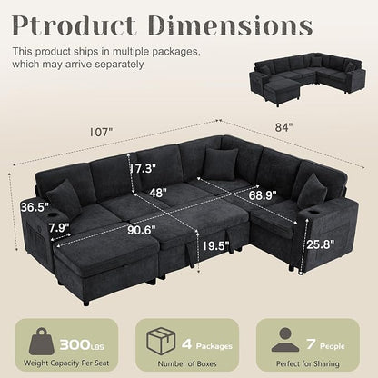 107 Inch Sectional Sleeper Sofa with Pull Out Bed, 7 Seat U Shaped Modular Sectional Sofa with Storage Ottoman, USB Port & 6 Pillows, Sectional Couches for Living Room & Apartment, Modular Couch,Black