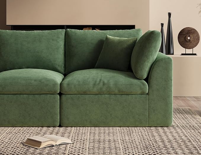 ohllob 110" Cloud Sectional Couches for Living Room, Boneless L-Shape Couch with Ottoman, 3 Seater Modular Sectional Sofa, Green