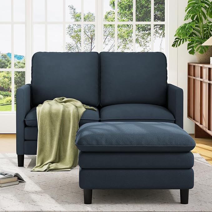 Welzona 3-Layers Cloud L Shaped Couch, 51" Loveseat Sofa Living Room, Bedroom - Tool-Free Assembly with Teddy Fabric Small L Shape Sofa - Blue Grey - Removable Washable Covers - 650lbs Capacity