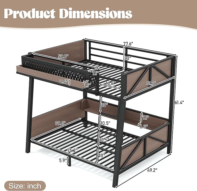 Bellemave Bunk Bed Twin Over Twin with LED, Heavy Duty Metal Bunk BedFrame with Storage Shelves and Lights, Black