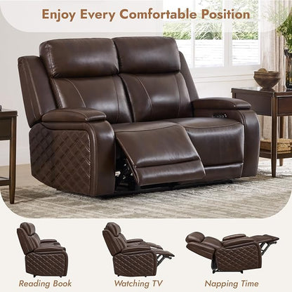 Watson & Whitely Genuine Leather Power Loveseat Recliner Sofa, Zero Gravity Reclining Loveseat with Power Headrest & Hidden Storage, Charging Ports, Dual Recliner Sofas for Living Room, Dark Brown