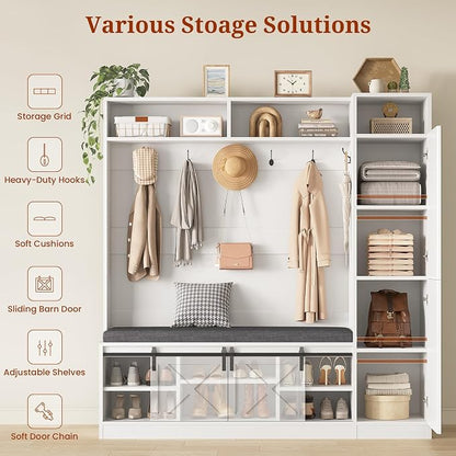 Hall Tree with Bench and Shoe Storage, Entryway Coat Rack with Tall Mirror, Farm House Barn Door 4-in-1 Hall Tree with Storage Cushioned Stool and Hooks for Hallway, Living Room, (60IN,With Mirror)