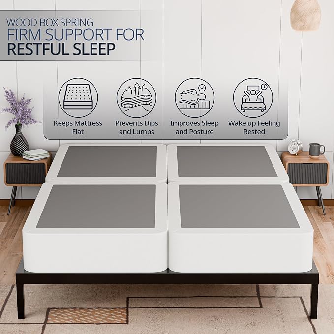Nutan, 8-Inch Sturdy Wood Box Spring for Mattress Support - Durable and Fully Assembled, Natural Wood Foundation for King(Fold), White