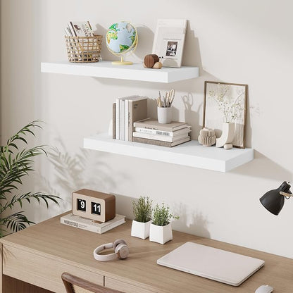 Fun Memories Floating Shelves for Wall, 30 Inch Long Floating Shelves Set of 3, 30 x 10 Wooden Shelves for Wall, Large Storage Shelves, Hanging Shelves for Bathroom Kitchen Bedroom, White