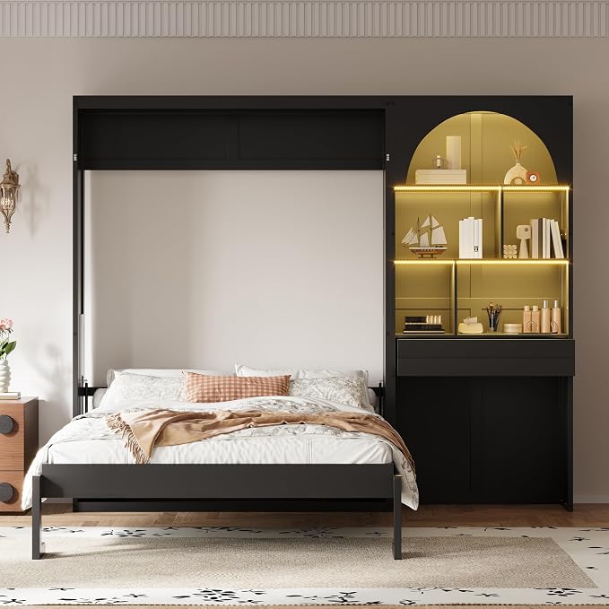 Merax Farmhouse Multi-Functional Murphy Bed with Cabinets & a Drawer,White | Queen Size Solid Wood Foldable Wall Platform Bed Upholstered Headboard for Guest-Room, Bedroom/ Space Saving