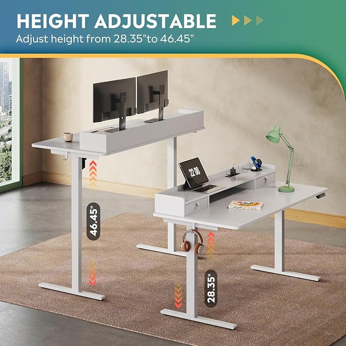 DEVAISE 55 Inch Electric Standing Desk with Shelf, Adjustable Computer Desk for Home Office, with LED Touchscreen, Headphone Hook, 3 Memory Preset, with One-Piece Desktop, White