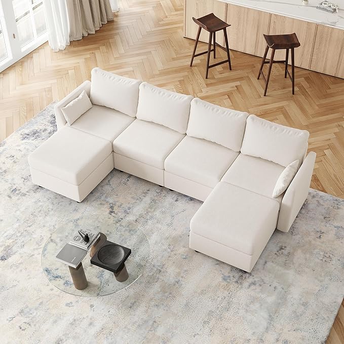 Huatean Home 114.17" Modular Sectional Sofa, 6 Seat Modular Couch with Storage, Memory Foam, Convertible Sectional Couches for Living Room, U Shaped Comfy Modular Sofa with Chaise, White