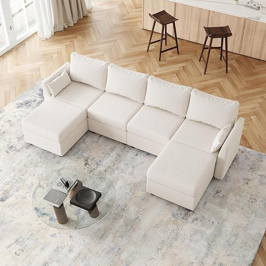 Huatean Home 114.17" Modular Sectional Sofa, 6 Seat Modular Couch with Storage, Memory Foam, Convertible Sectional Couches for Living Room, U Shaped Comfy Modular Sofa with Chaise, White