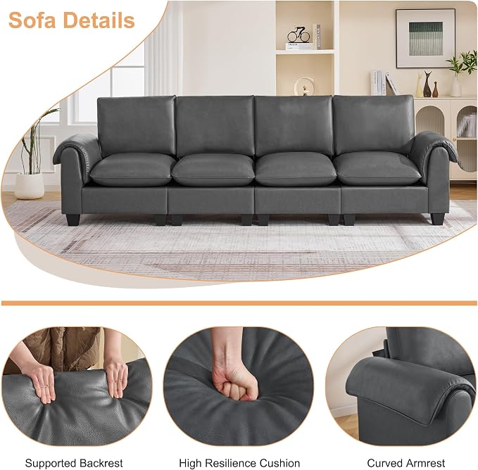 118" Faux Leather Modular Sectional Upholstered Sofa, Oversized 4 Seater Couch with Curved Armrests, Cloud Modern Upholstered Deep Seat Sofa for Living Room, Grey