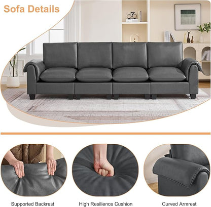 118" Faux Leather Modular Sectional Upholstered Sofa, Oversized 4 Seater Couch with Curved Armrests, Cloud Modern Upholstered Deep Seat Sofa for Living Room, Grey