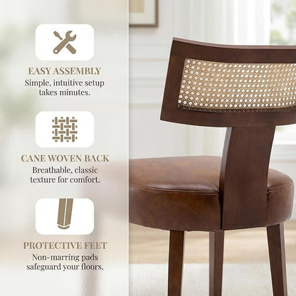HNY Mid Century Modern Rattan Dining Chairs Set of 2, Farmhouse PU Leather Upholstered Accent Chair Curved Backrest Kitchen Chairs, with Hardwood Frame, Brown