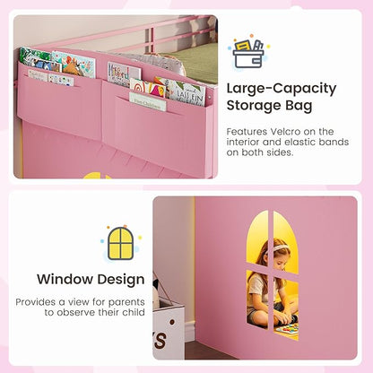 ELYKEN Low Loft Bed Twin Size with 10 Storage Drawers, Twin Loft Bed Frames for Kids with Safety Guardrail,Metal Kids Loft Bed with LED Lights,Inclined Ladder,Spave Saving,Pink