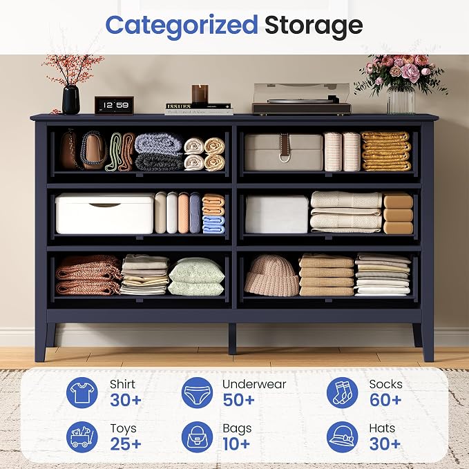 RoyalCraft 6 Drawer Dresser, Fluted Modern Wood Chest of Drawers, Long Dresser for Bedroom TV Stand Storage Cabinet for Living Room, Blue