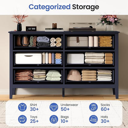 RoyalCraft 6 Drawer Dresser, Fluted Modern Wood Chest of Drawers, Long Dresser for Bedroom TV Stand Storage Cabinet for Living Room, Blue