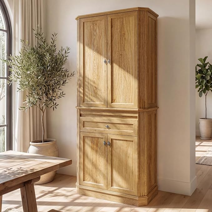 72.2" Tall Kitchen Pantry Cabinet with Doors, Farmhouse Storage Cabinet with Charging Station & LED Light, Drawer, Adjustable Shelves and Pull-Out Shelves, Oak Wood Pantry Cupboard for Dining Room