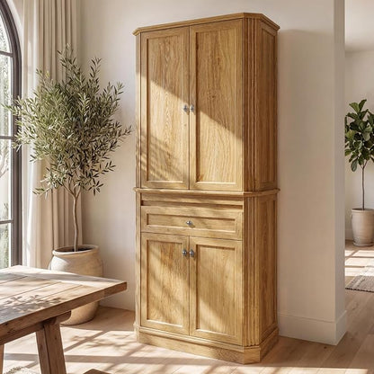72.2" Tall Kitchen Pantry Cabinet with Doors, Farmhouse Storage Cabinet with Charging Station & LED Light, Drawer, Adjustable Shelves and Pull-Out Shelves, Oak Wood Pantry Cupboard for Dining Room