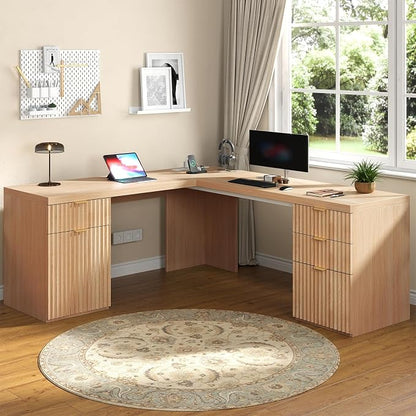 69" Fluted L Shaped Executive Desk with Power Outlets & File Drawer, Modern Wood L Shaped Office Desk with Storage Cabinet and Drawers, Large Corner Desk Computer Writing Desk for Home, Natural Oak