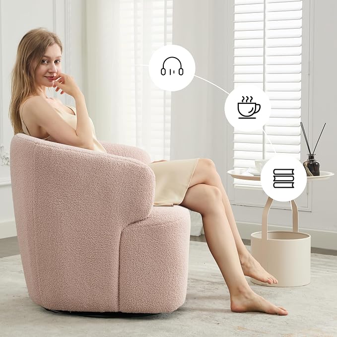 SOFTHION Swivel Accent Chair, Sherpa Teddy Barrel Chair for Living Room, Cozy Round Boucle Arm Chair, Metal Base for Club Nursery Bedroom, Light Blush Pink