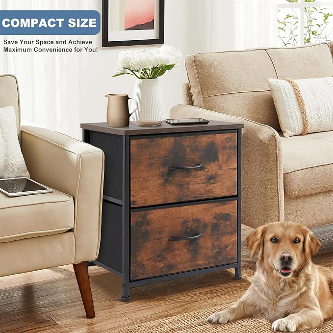DUMOS Nightstand Set of 2, Small Dresser with 2 Fabric Drawers, End Table | Bedroom Kids Bedside Storage Furniture for 25 inch Tall Night Stand, Dorm, Rustic Brown