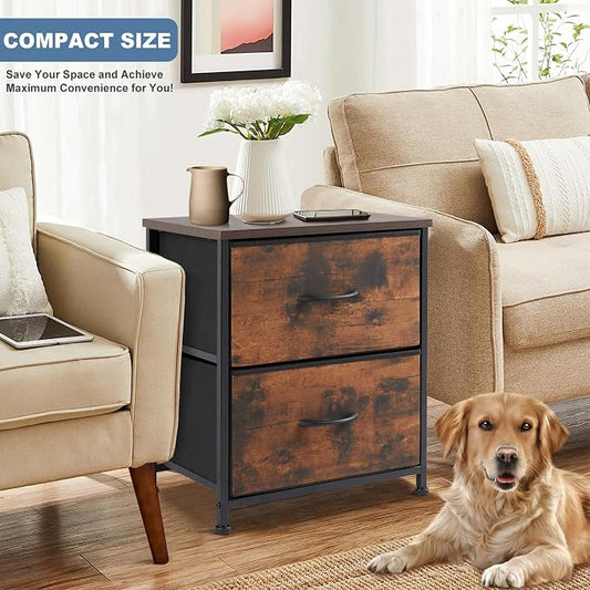DUMOS Nightstand Set of 2, Small Dresser with 2 Fabric Drawers, End Table | Bedroom Kids Bedside Storage Furniture for 25 inch Tall Night Stand, Dorm, Rustic Brown