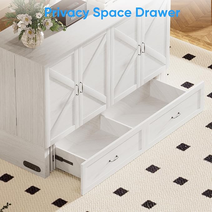 PUREMIND Queen Murphy Bed Cabinet with Mattress Included, Bedroom Cabinet Beds with USB Charging Station, Murphy Chest Bed with Storage Drawers, Horizontal Wallbed for Guest Room White
