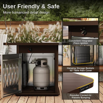 EAST OAK 28'' Stainless Steels Fire Pits Table, 50,000 BTU Upgraded Steel Gas FirePit for Outdoor, Outside Patio, CSA Certified Fire Table with Magnetic Lid, Cover-Storage Basket and Lava Rock, Brown