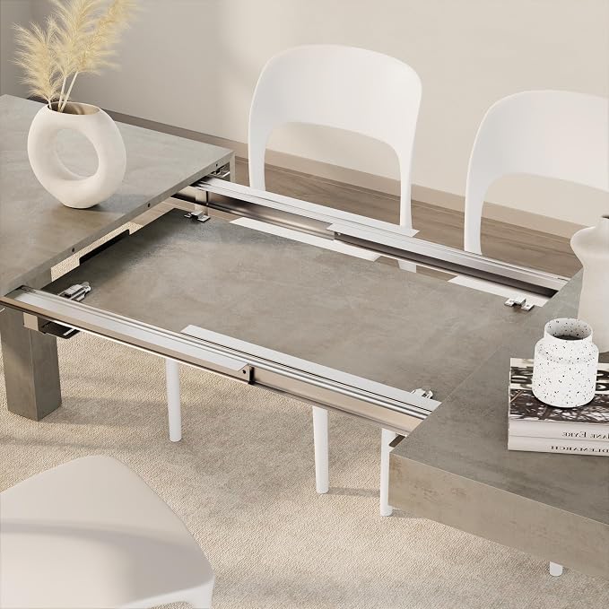 Mobili Fiver, First Extendable Table, 47.2(78.7) x31.5 in, Concrete Effect, Grey, for 6-8 People, Expandable Dining Table for Kitchen, Living Room, Italian Furniture