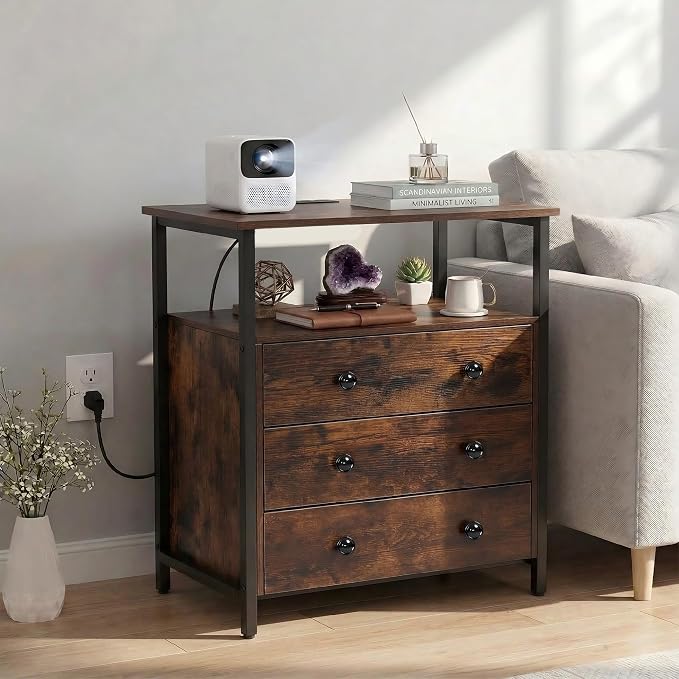 Edbuosy 3 Wooden Drawers Night Stand, 27 Inch Wide Nightstand Set 2 with Charging Station and Adjustable Drawers, Small Dresser for Closet, Bedside Table for Living Room/Bedroom/Office, Retro Brown