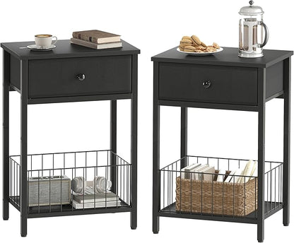 Nightstands Set of 2 with PU Leather Front Drawer, 3-Tier End Table with Bottom Mesh Basket, Industrial Bedside Tables for Bedroom, Black