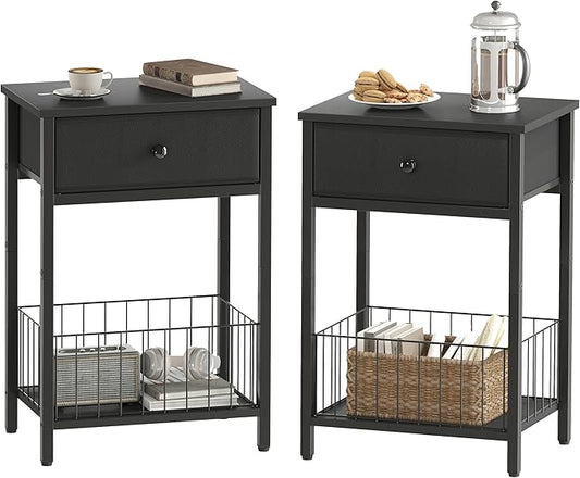 Nightstands Set of 2 with PU Leather Front Drawer, 3-Tier End Table with Bottom Mesh Basket, Industrial Bedside Tables for Bedroom, Black