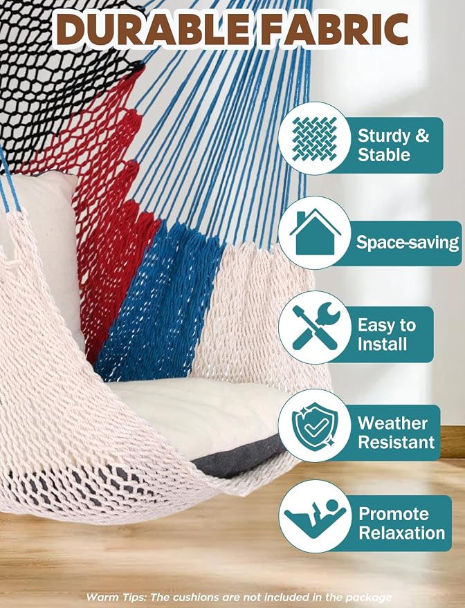 Chihee Handwoven Cotton Hammock Chair Large Hanging Rope Chair 7.9ft with Detachable Strong Metal Spreader Bar, Breathable Net Swing Seat Color Blocking, Portable with Carry Bag, Indoor Outdoor Use